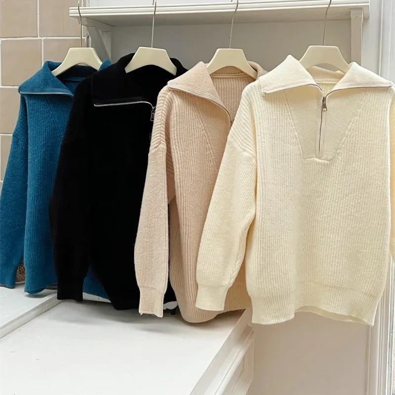 REALEFT Autunno Inverno Vintage Mezza Dolcevita Maglioni da donna allentati Manica lunga Cerniera Casual Pullover lavorato a maglia coreano Donna