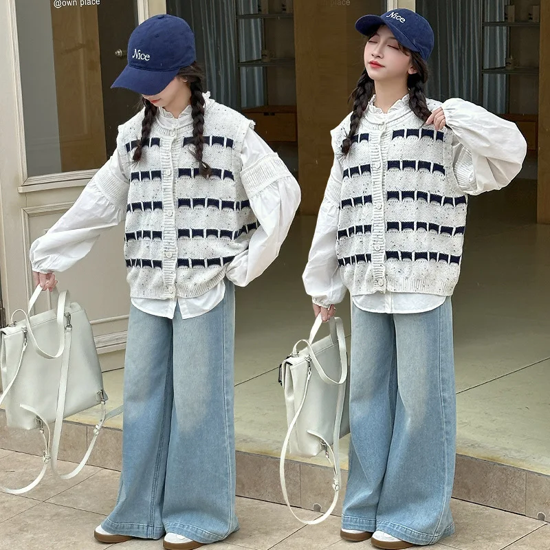 

Children Girls Autumn 3pcs Sets Single-breasted T-shirt+Striped Knitted Vest+Denim Pant Baby Girls Sets Long Sleeve Kid Girl Set
