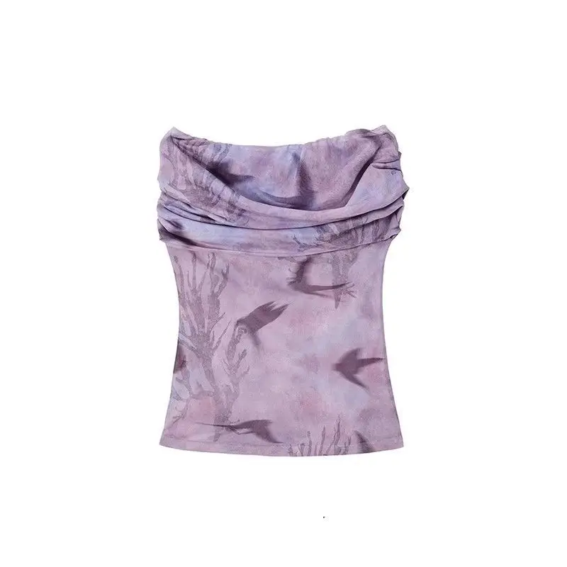 

Retro elastic mesh one shoulder top T-shirt for women with a niche design sense, short sleeved with a single neckline,