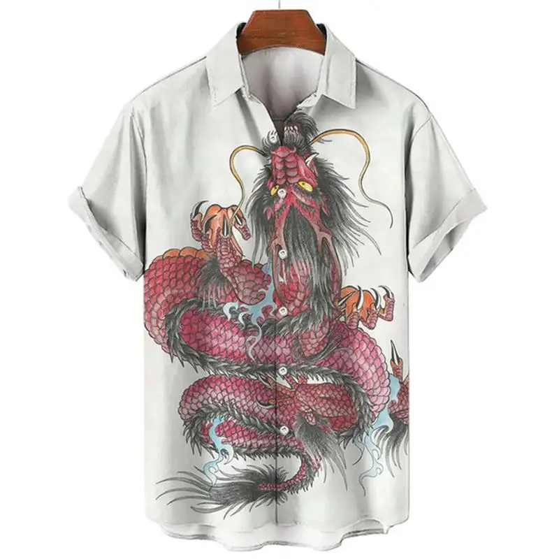 Summer Men\'s Dragon Pattern Element Shirt Social Casual Vintage Hawaiian 2023 New Oversize Short Sleeve Street Clothing