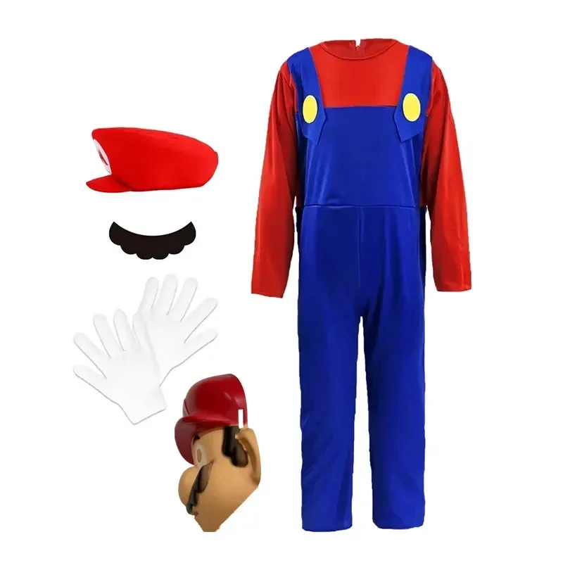 Fato de canalizador infantil com chapéu e máscara, bigode, luvas, macacão, festa de Halloween, vestir, jogo de desenhos animados, roupa cosplay para menino e menina