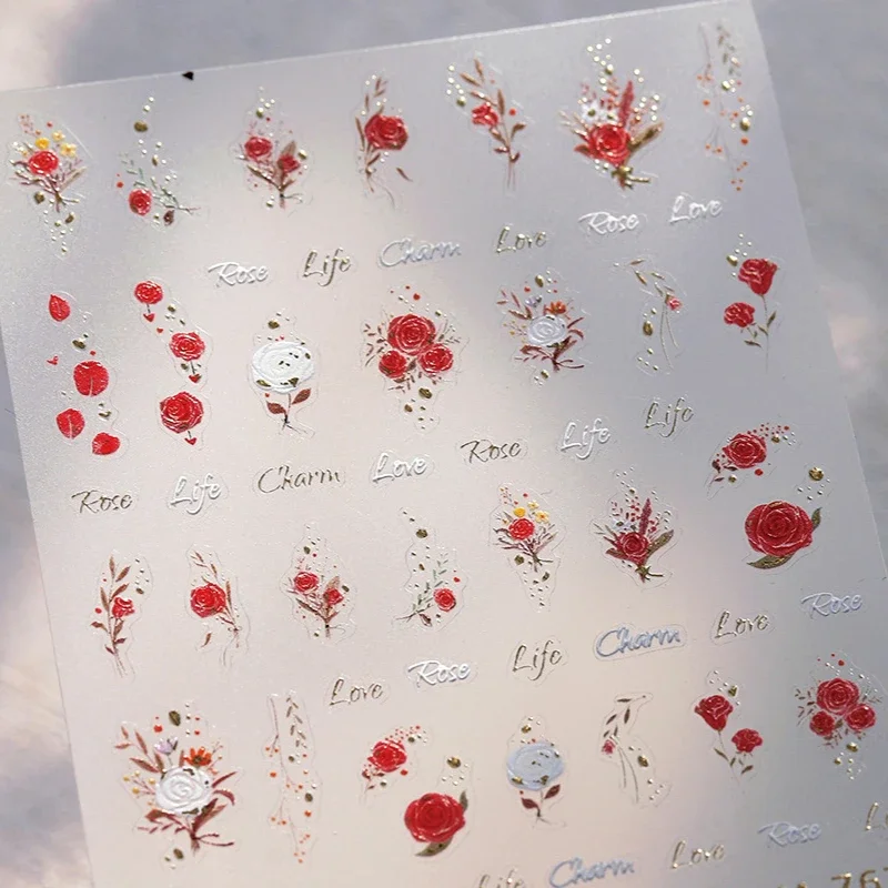 Chic Romantic Red White Flower Hot Stamping 5D Self Adhesive Nail Art Stickers Shiny Dreamy Camellia Rhinestone Manicure Decals