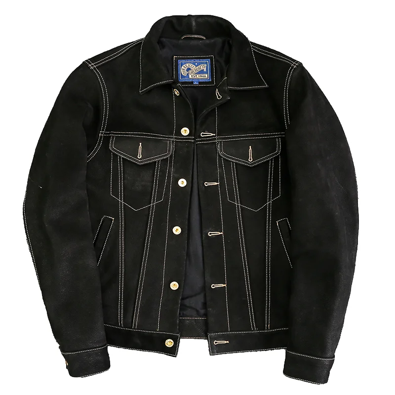 Men's Genuine Cowhide Suede Leather Trucker Jacket Black Type III Style White Contrast Stitching Snap Front Vintage Denim Coat