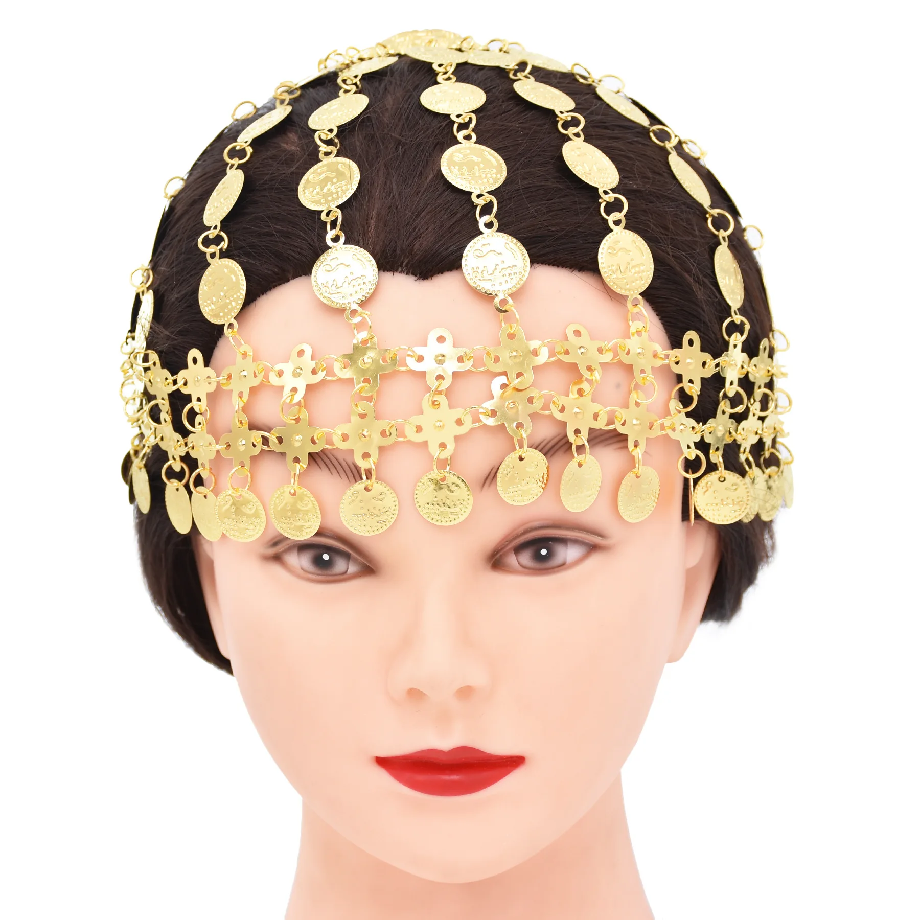 Gold Plated Coins Hollow Mesh Hat Jewelry for Women India Belly Dance Head Chain Headpiece Ethnic Tribal Statement Accessories