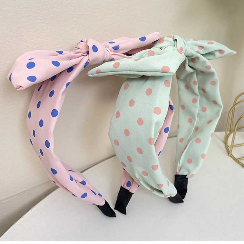 Korean Version Of Polka Dot Bow Fabric Hairband Women\'s Fashion Classic Sweet And Cute Square Rabbit Ears Wide Brimmed Headband