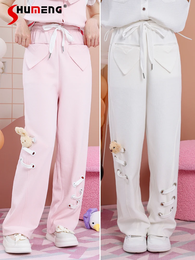 Sweet Girl's Love Pocket String Rabbit Head Pants Women 2023 Autumn New Loose Bandage Trousers Pink Wide Leg Sweatpants Women