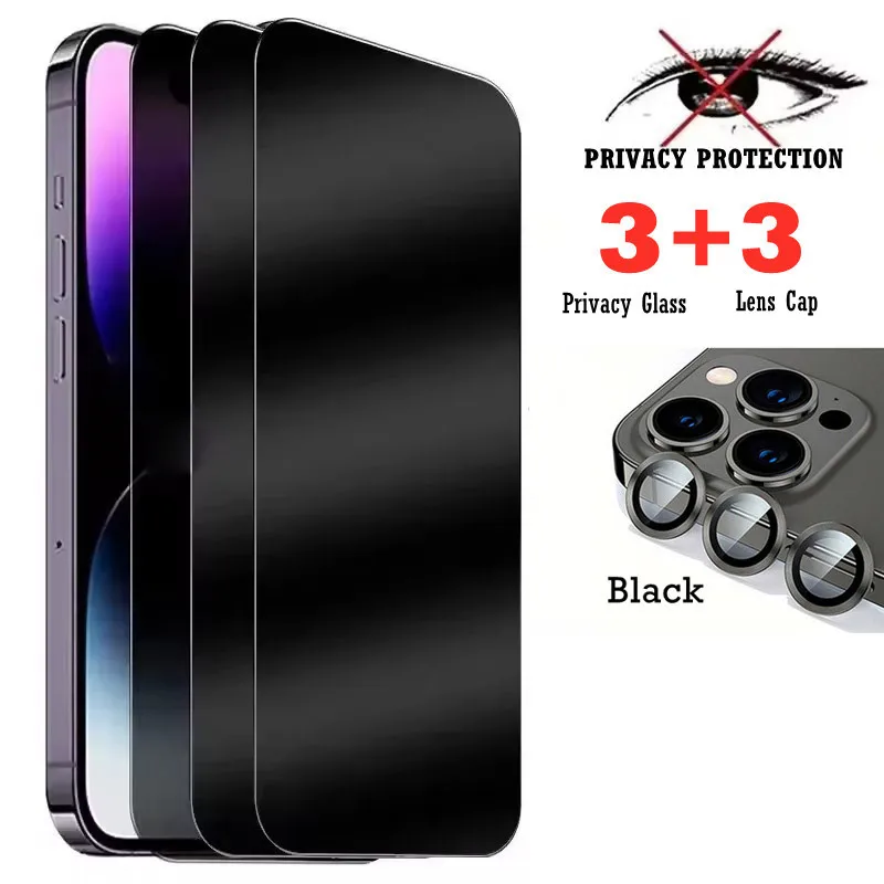 6 em 1 vidro de proteção de privacidade + tampa da lente da câmera protetor de tela anti peep para iphone 17 16 15 pro max 13 mini 14 plus 16e 12 11