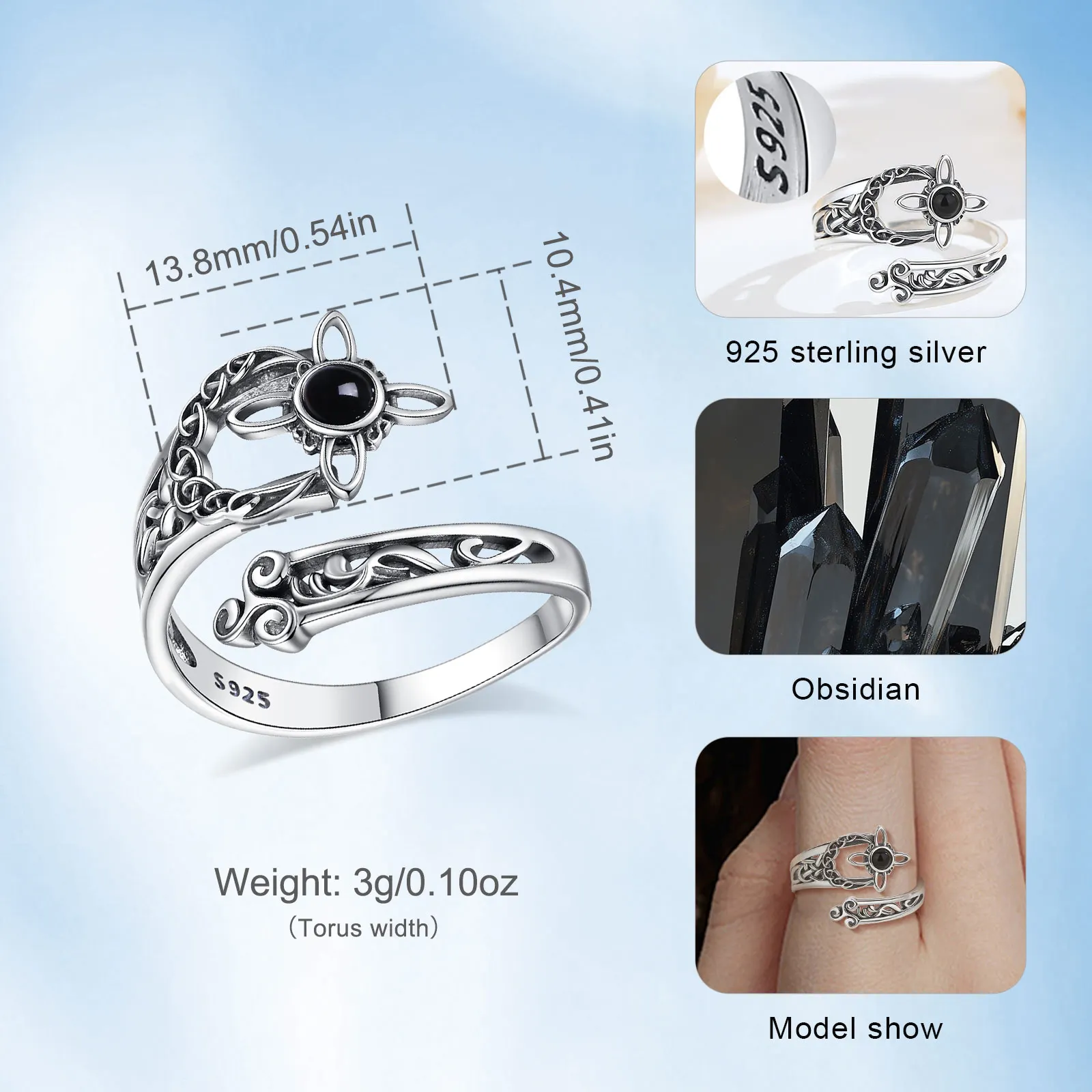 AEONSLOVE Original 925 Sterling Silver Witch Knot Adjustable Ring Obsidian Triple Spiral Open Ring Wicca Pagan Jewelry for Women