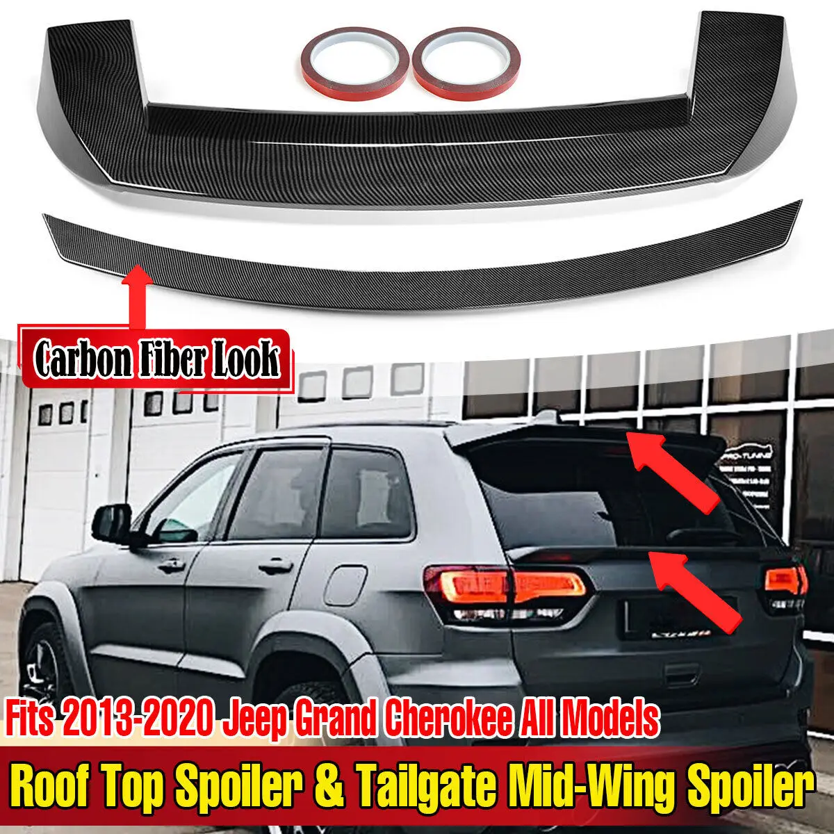 

For 13-21 JEEP GRAND Cherokee Rear Roof Spoiler+Tailgate mid wing SRT Style Tailgate Flap Trim Carbon fiber pattern Accessories