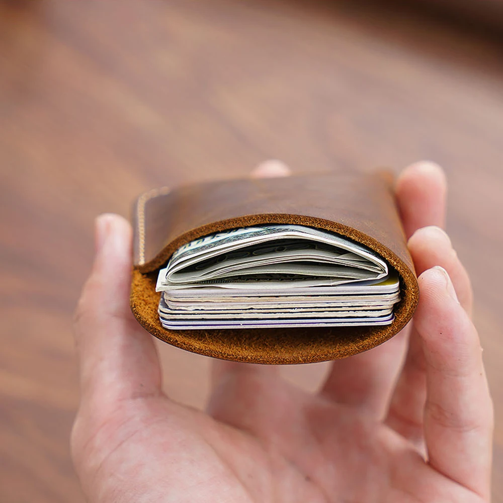 Portable Leather Money Bag Hand-Stitched Vintage Cowhide Wallet Card Holder Pouch Organizer