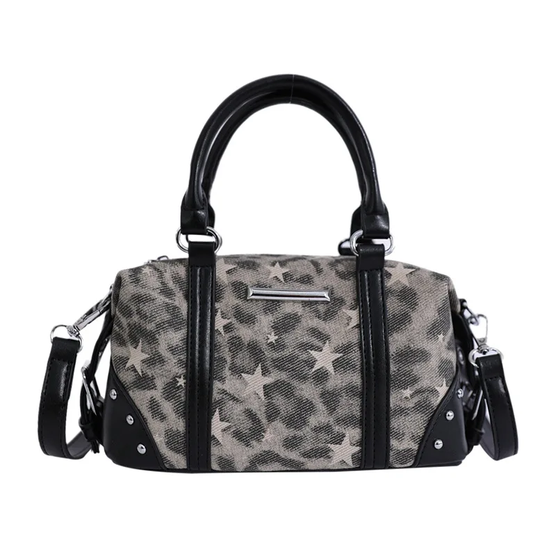 Vintage Leopard Star Women Handbag Barrel Shaped Boston Casual Armpit Bag for Female Shoulder Messenger Bag Commute Totes Bolso