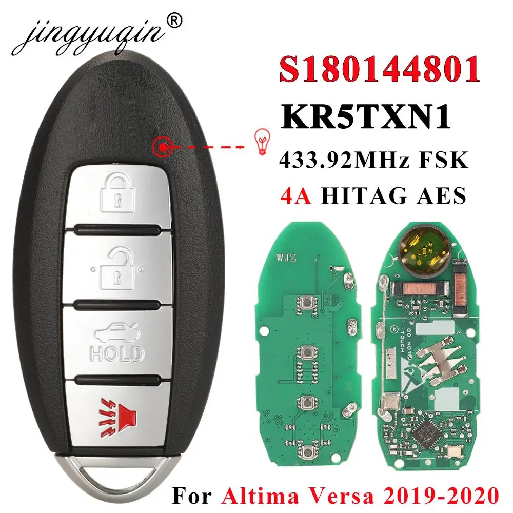 

jingyuqin S180144801 KR5TXN1 Keyless Smart Car Remote Key For Nissan Altima Versa 2019 2020 433MHz 4A Chip Fob 285E3-6CA1A