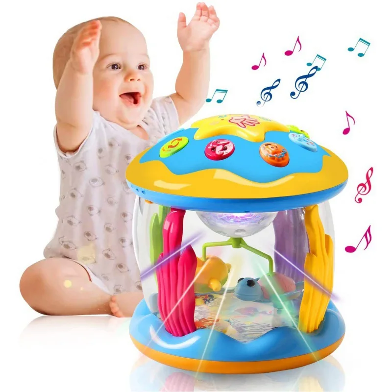 Random 1pc Kids Hand Drum Lighting Music Multi-functional Music Projection Infant Toy Baby Ocean Rotation Soothing Pat Drum Toy
