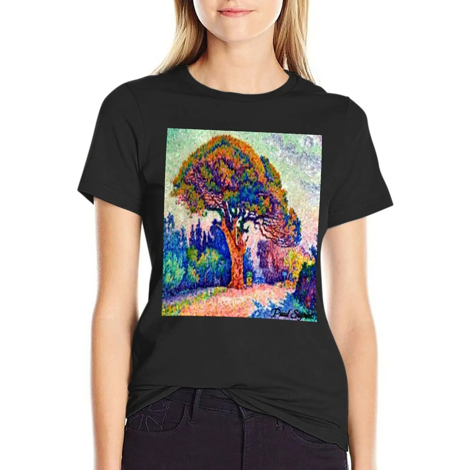 Pointillist Artist Paul Signac: The Pine Tree at Saint Tropez T-Shirt plain customizeds oversized t shirts for Women