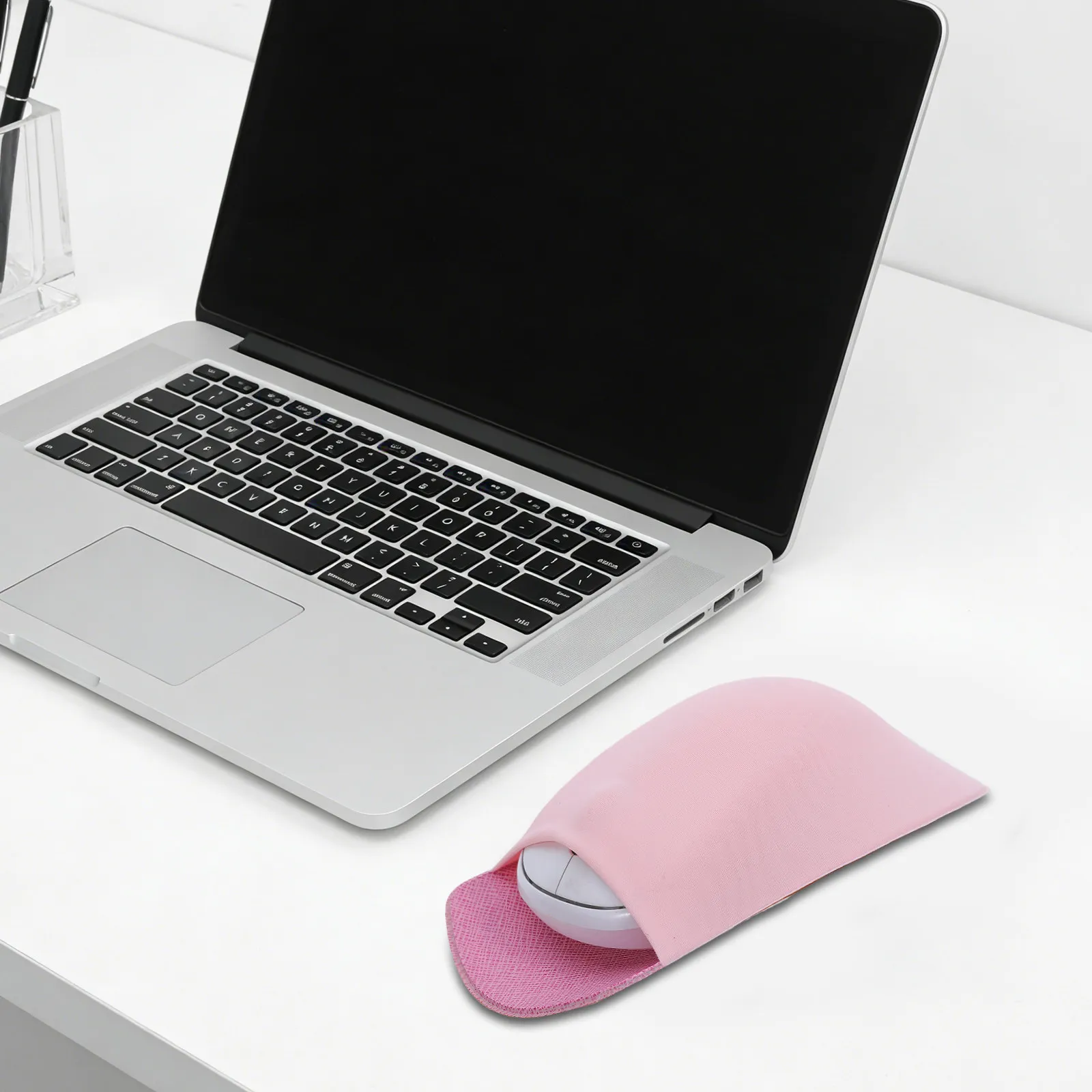 2Pcs Mouse Holder Stick-on Elastic Self-Adhesive Storage Bag Mouse Cover Sleeve Laptop Travel Pink Adhesive Pocket