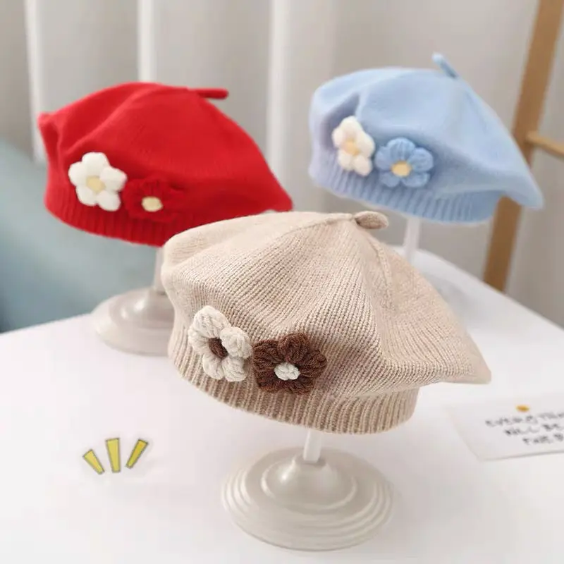 Winter Spring Knitted Warm Baby Hat Vintage Solid Color Flower Beret Hats For Kids Girls Korean Casual Child Artist Painter Cap