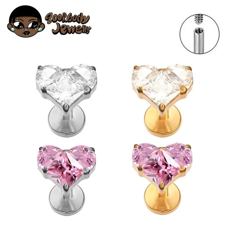 F136 Titan Halbrund Zirkonia Herz Labor Piercing Labret Lip Stud Tragus Ohrring Ohrstecker Quadrat CZ Knorpel Helix Piercing