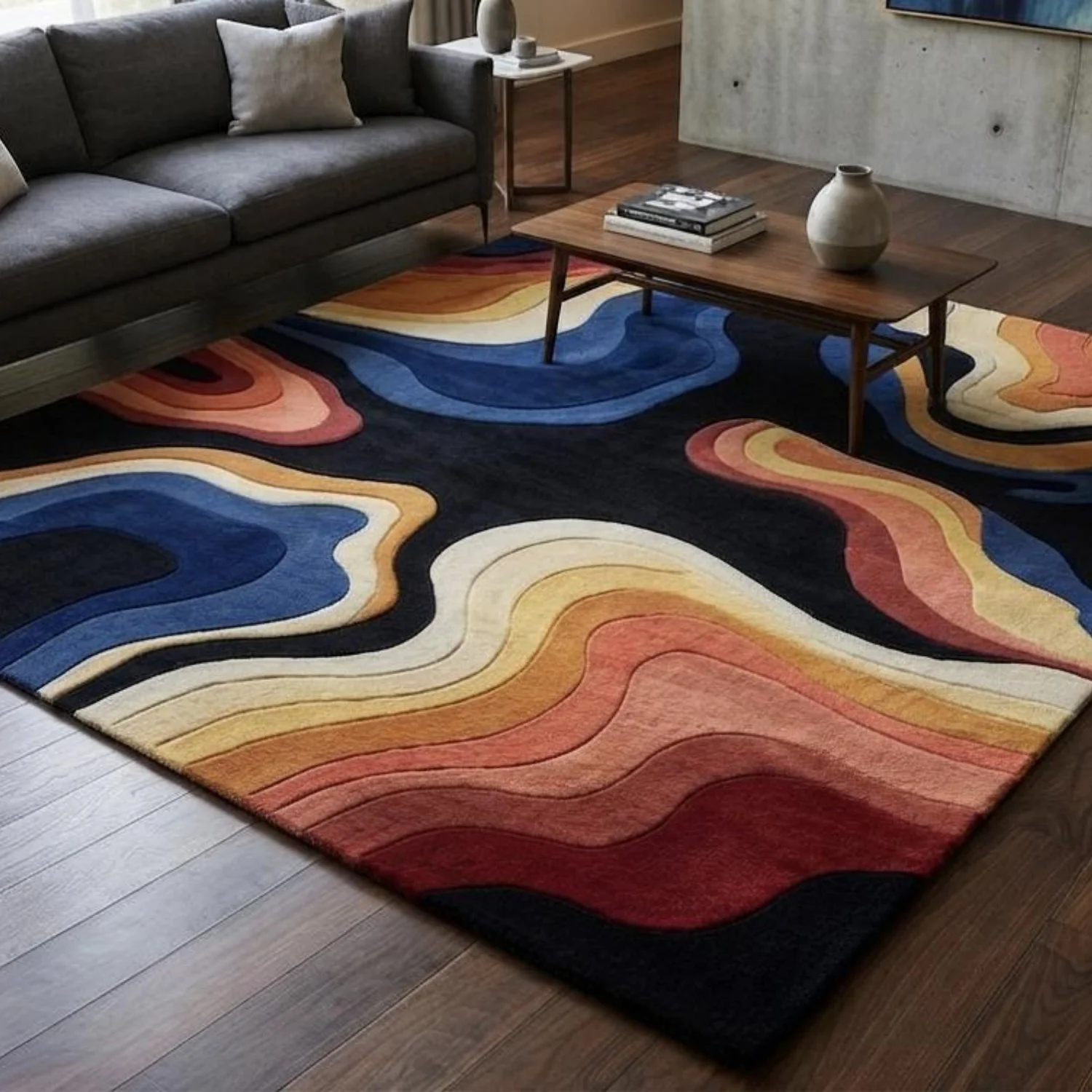 Room Decor Rug  Abstract H1and Tufted Rug, Modern Wavy Area Carpet, Colorful Contour Design, Navy Black Rust Cream Living Room Floor DE1cor