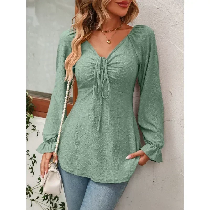 Spring and Autumn  Women\'s Top Solid Color Sexy V-neck Drawstring Waist Long Sleeve T-shirt