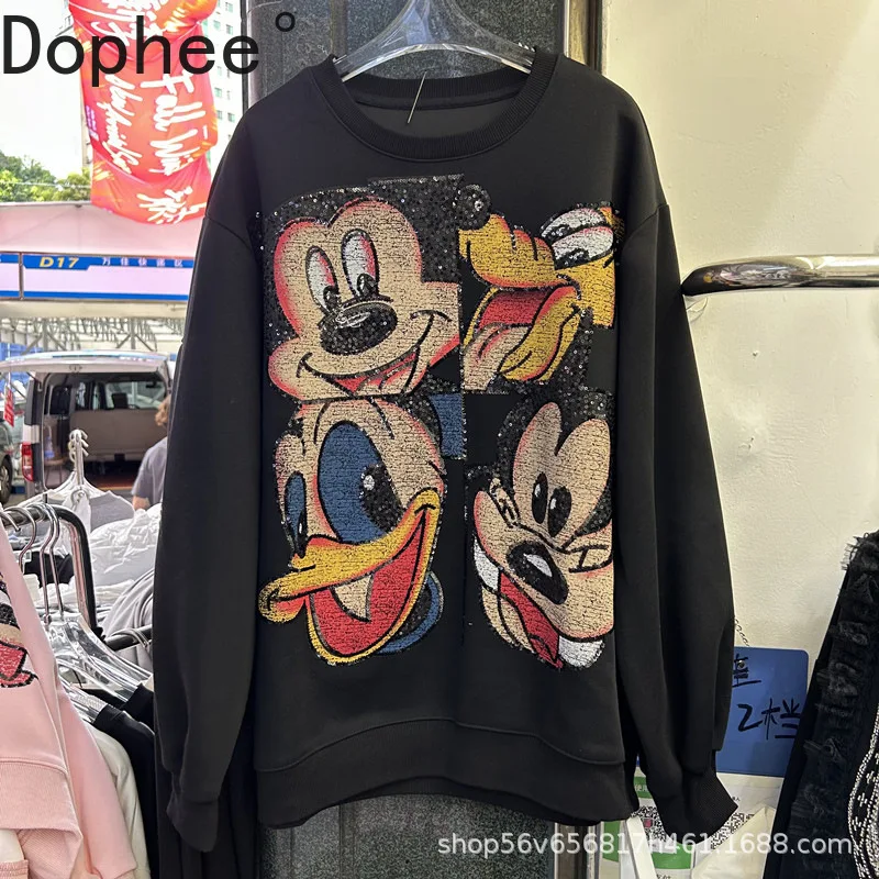 

Trendy 2025 New Autumn Long Sleeve Hoodie Women Sequins Mickey Printed Oversize Pullover Top All-match Students Sweatshirts