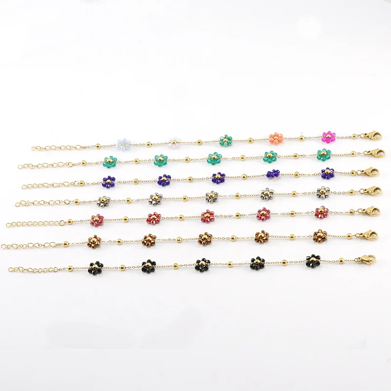 Lovely Handwoven Crystal Flower Stainless Steel Bracelet For Female Minority Design Sense Titanium Steel Bangle For Women