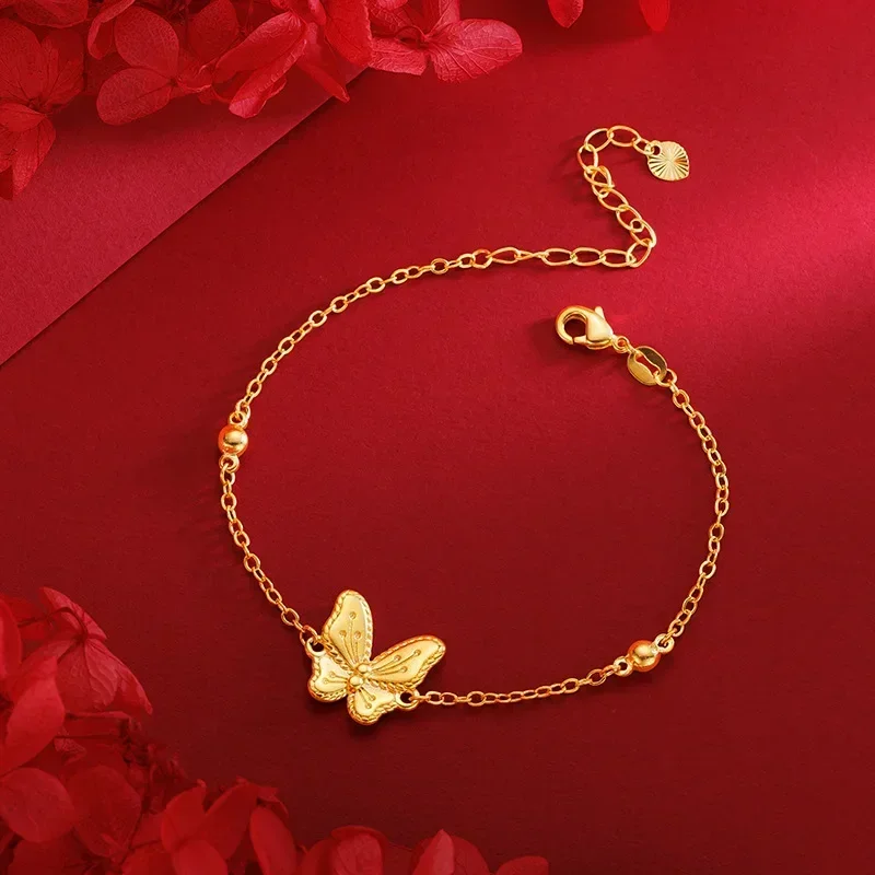 9999 Real Gold 24K Flower Moon Butterfly Four-piece Set Super Fairy Butterfly Necklace Bracelet Ring Stud Earrings Female