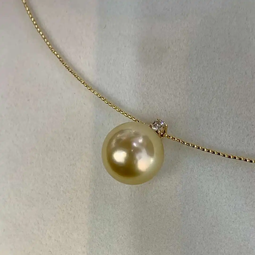 

12-13mm Natural South Sea Golden Pearl Necklace, 18K Gold Adjustable Clasp, Round Oily Luster Slight Flaws Jewelry Gift