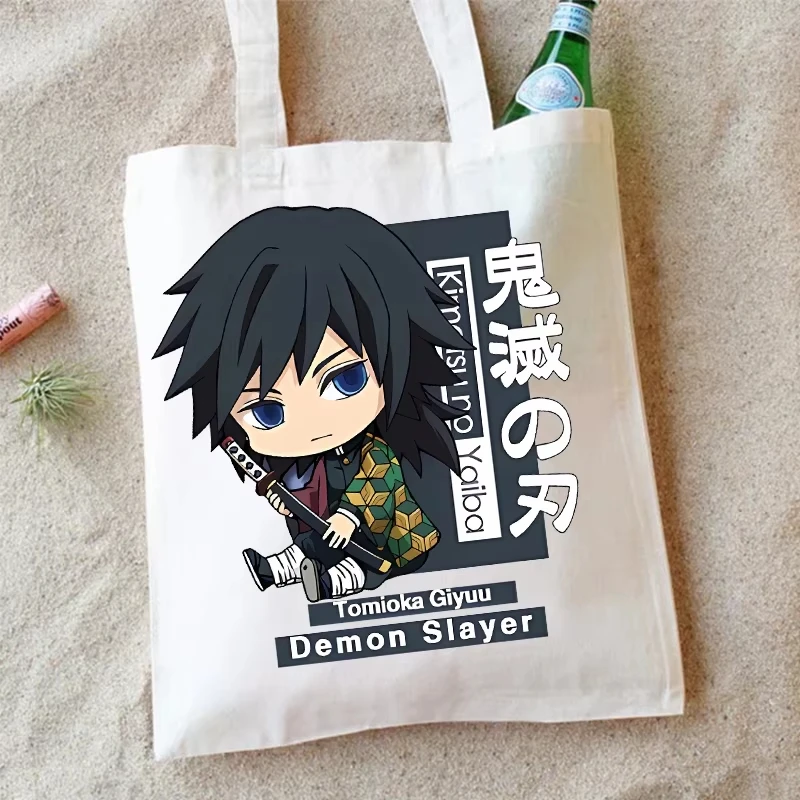 Sac à bandoulière en toile Demon Slayer, sacs de rangement imprimés de dessin animé, grande capacité, papeterie pour étudiants, sac à main écologique, cadeaux d'anniversaire