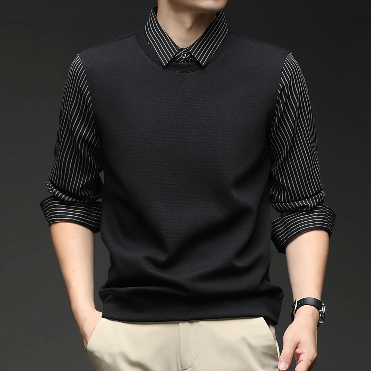 Autumn New Style Men's Business Casual Multi-Purpose Long-Sleeved Fake Two-Piece Striped