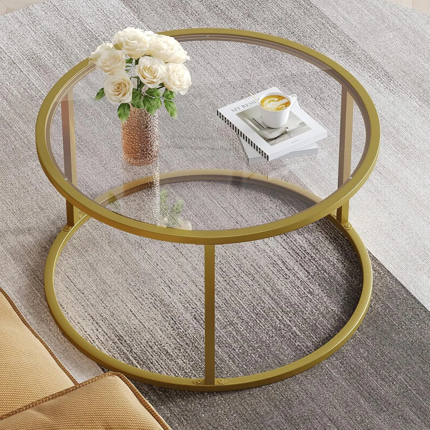 

Small Glass Coffee Table Round Gold Coffee Table for Small Space Modern Simple Center Table with Gold Frame for Living Room