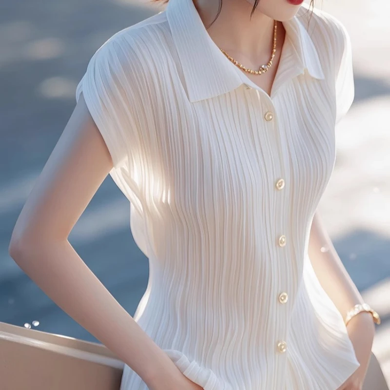 

Women Shirt Pleated Solid Blouses Short Sleeves Turn Down Collar Single Breasted Slight Strech Loose Office Casual 2026 Summer
