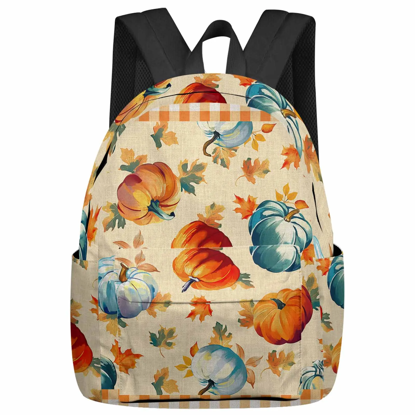 Checkered Watercolor Pumpkin Leaf Festival Backpacks Teenagers Student School Bags Laptop Custom Backpack Men Women Travel