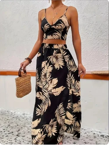 Conjunto de vestido estampado sin mangas para mujer, media falda Sexy, elegante, con escote en V profundo, cintura alta, lujo de verano