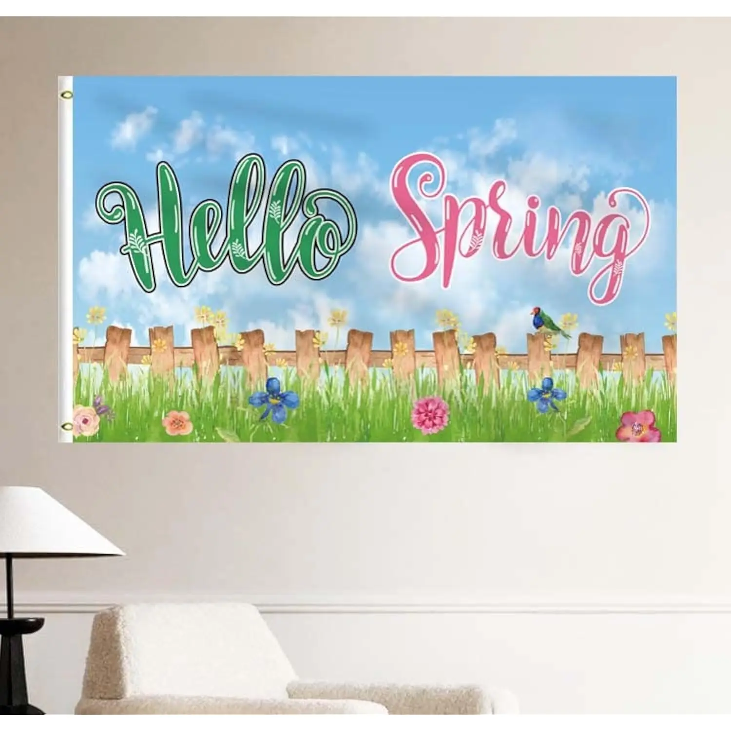 Hello Spring Bird and Flowers House Flag 3x5FT 4x6FT Seasonal Welcome Polyester Garden Yard Decor