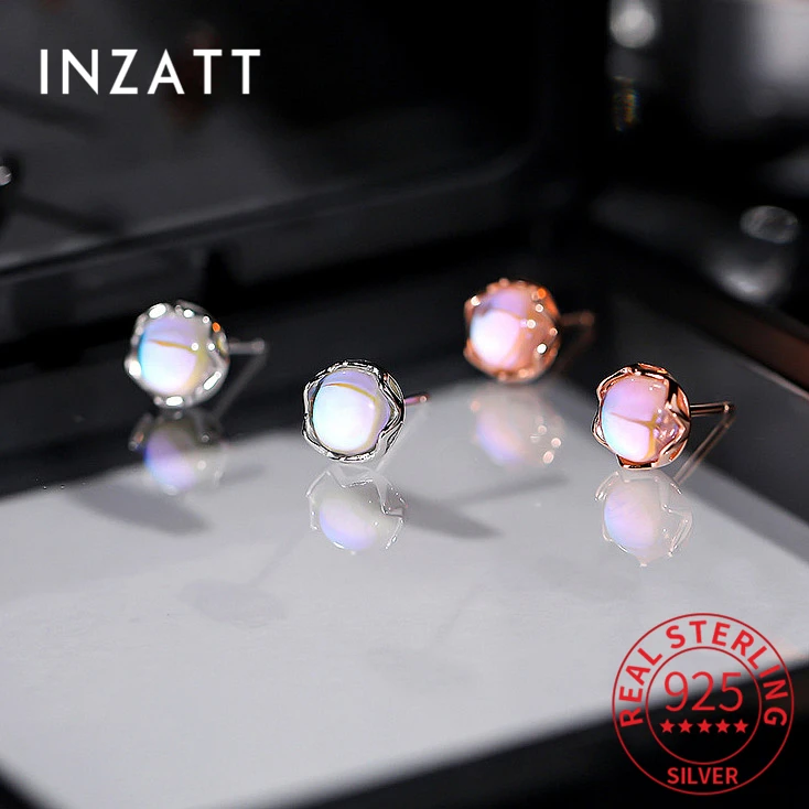 

INZATT Real 925 Sterling Silver Round Moonstone Stud Earrings For Fashion Women Classic Fine Jewelry Minimalist Accessories