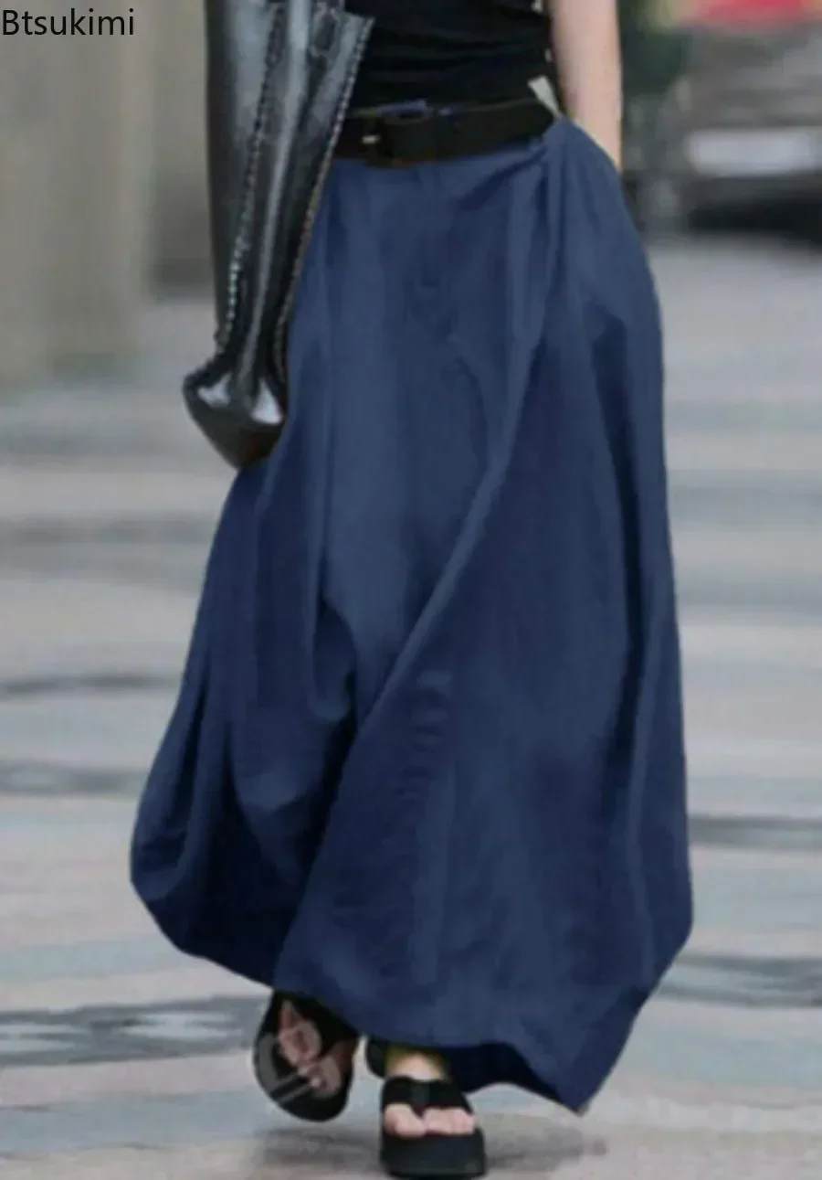 2026 Vintage Summer Skirts Women High Waist Solid Party Skirt Female Beach Maxi Cotton Long Skirts Oversize 4XL 5XL A-Line Skirt