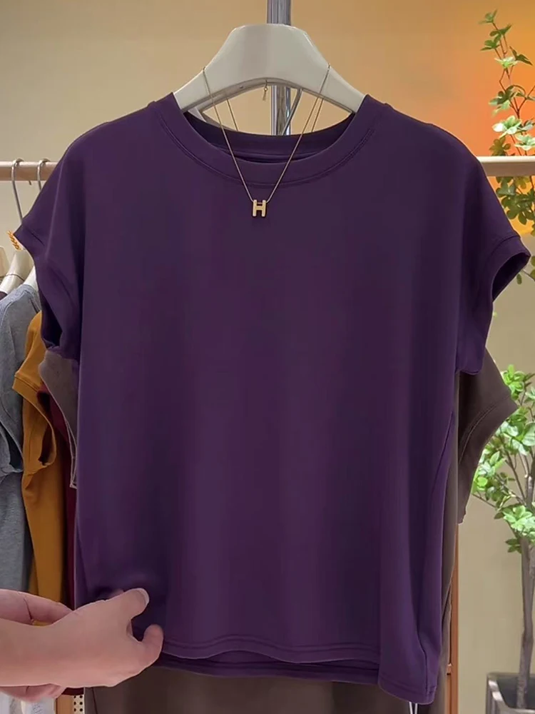 Summer 2025 Women's Slim Fit round Ne T-irt ort Sve Base Layer Top Design Sensation Meat Conceal Small Fly Sve