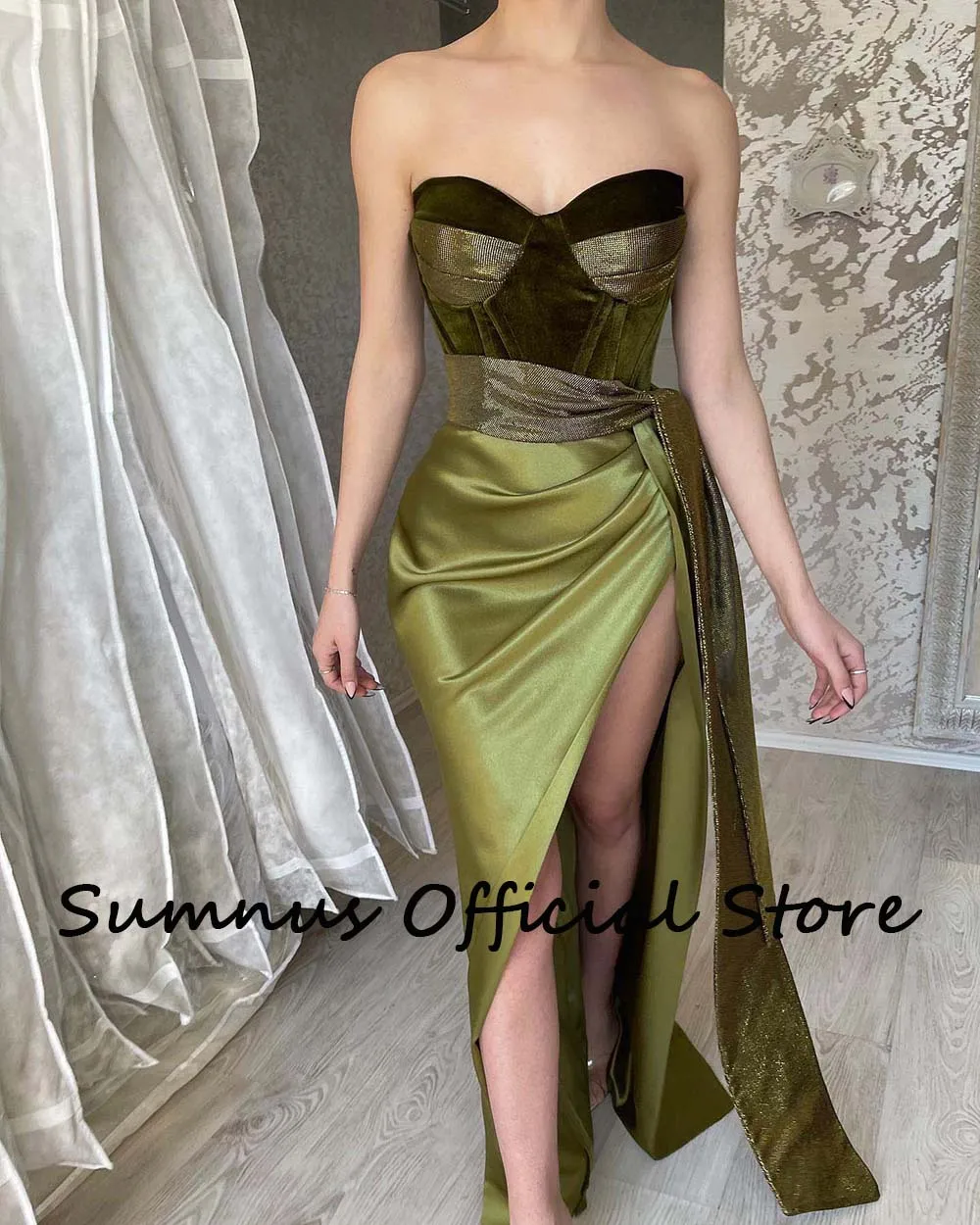 Sumnus Olive Green High Split Mermaid Evening Party Dresses Sweetheart Pleats Satin Floor Length Prom Event Gowns With Train