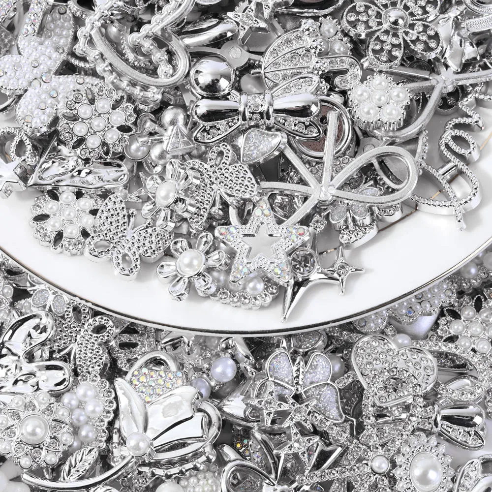 Random Silver Color Shiny Rhinestone Pearl Mix Plastic Charms
