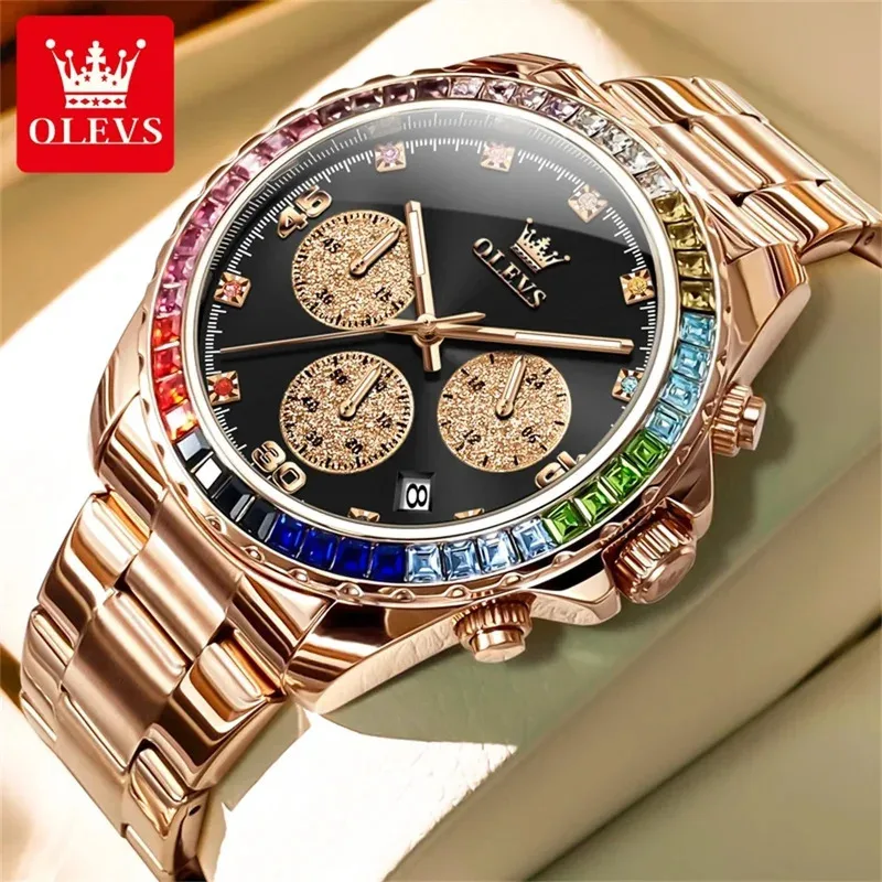 OLEVS Luxury Top Quartz Men's Watch Multi Function Stainless Steel Gemstone Bezel Watch Men Reloj De Hombre