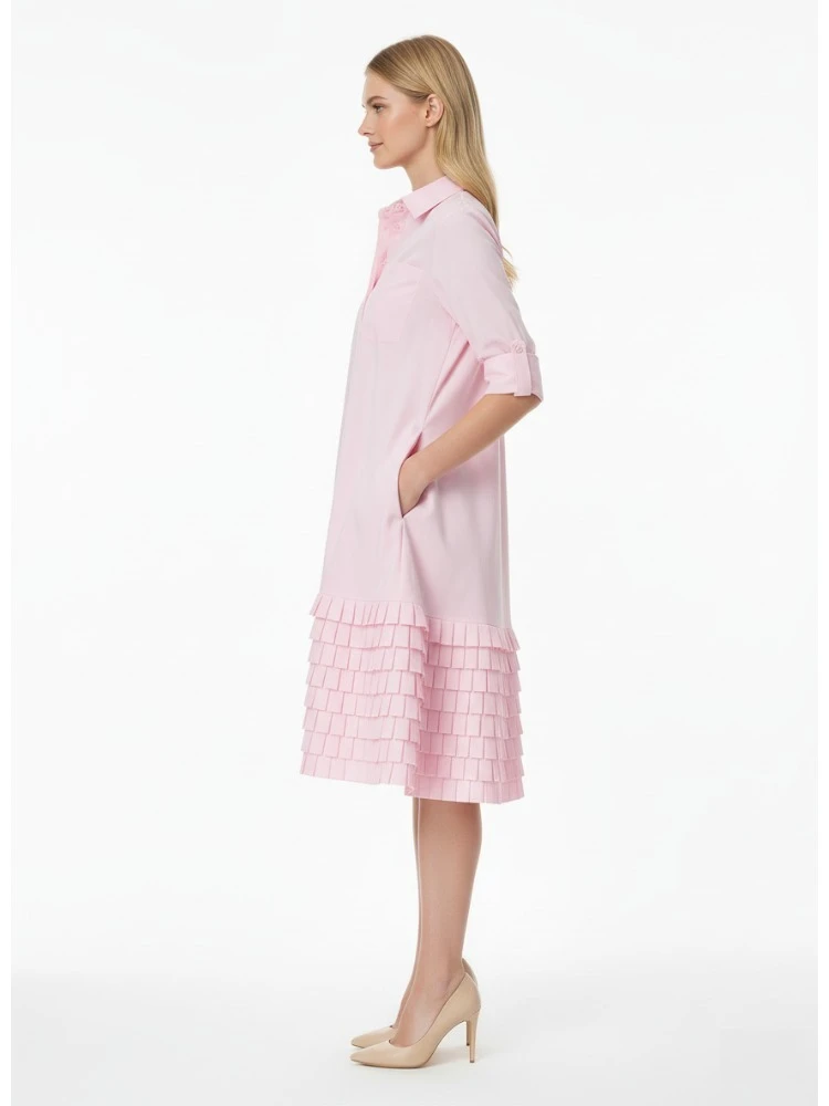 เดรสสีชมพูสุดเก๋สำหรับผู้หญิง ปี 2025 จาก Onecozyday คอเสื้อเชิ้ต แขนยาว ติดกระดุม ความยาวปานกลาง ทรงมีเลเยอร์ จับจีบ สไตล์ลำลอง