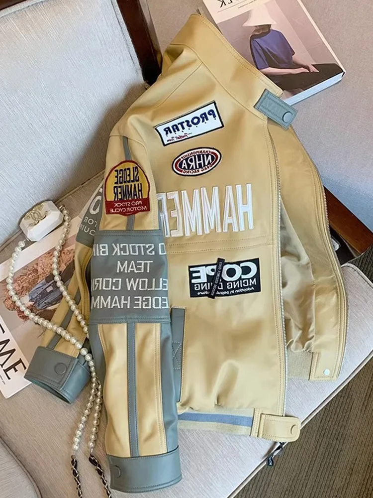 

Куртка-бомбер из искусственной кожи с вышивкой Sli American Brand, унисекс, осень-зима, в стиле High Street, крутой гоночный костюм