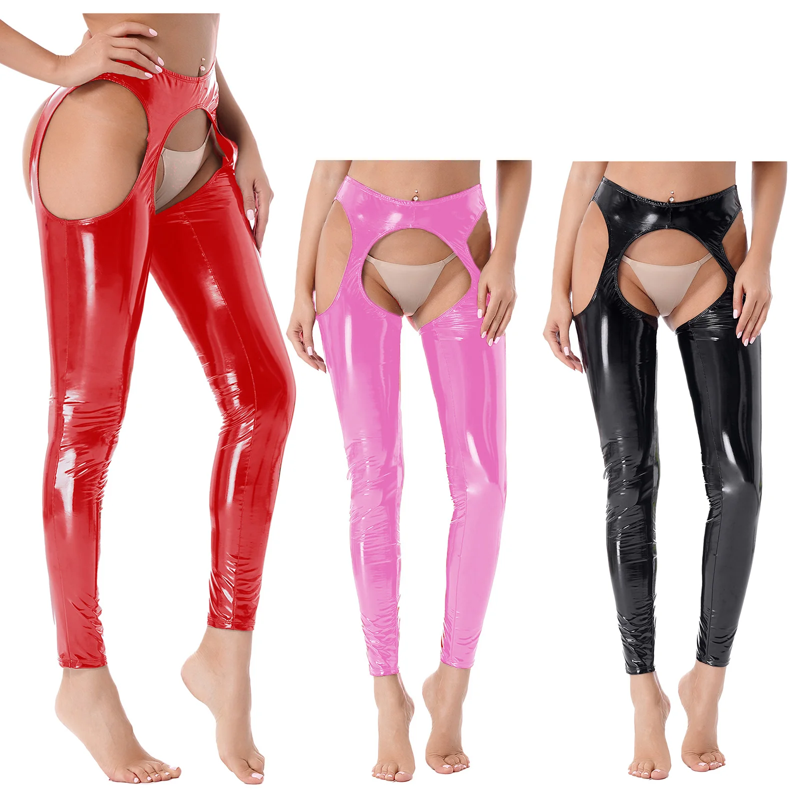 Women Sexy Latex Trousers Leather Nightclub Wetlook Patent Leather Cutout Pants Pole Dance Erotic Costume Tights Leggings Adult