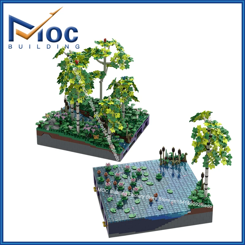 

MOC Building Blocks Castle Series Scene Lake With Water Lilies And Birches At The River Inlet Model Assemble Brick Toy Xmas Gift