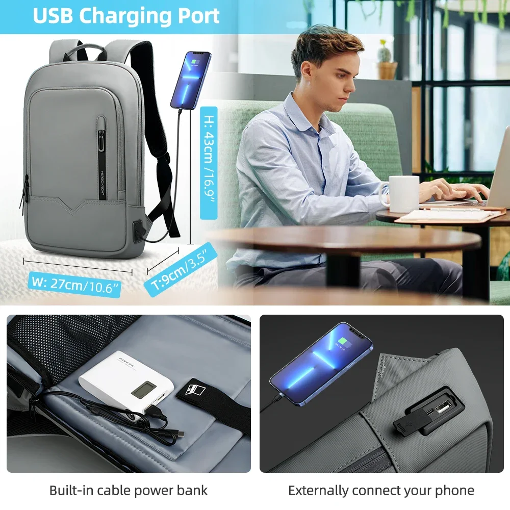 HcanKcan-حقيبة ظهر USB مقاومة للماء للرجال والنساء ، حزمة متعددة الوظائف ، حقيبة كمبيوتر محمول ، USB ، في الهواء الطلق ، عارضة ، السفر ، 14"