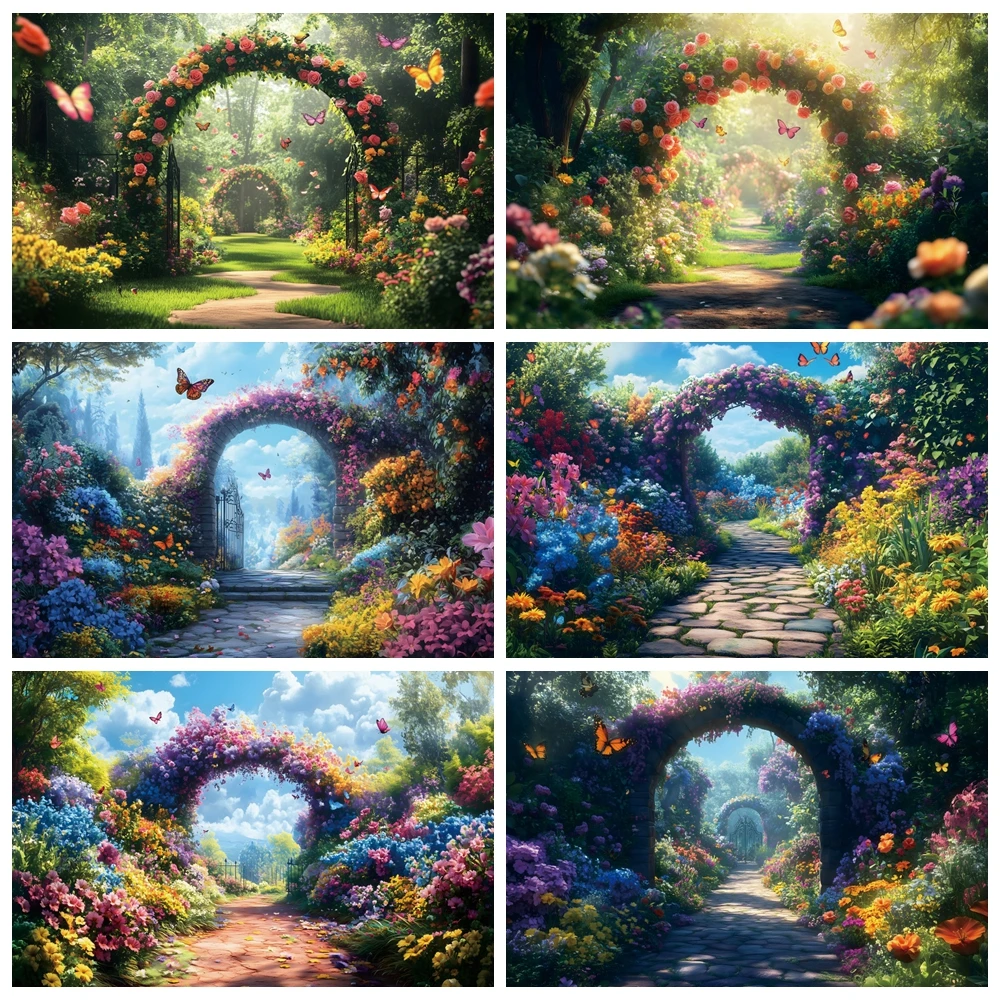 

Spring Enchanted Fairytale Forest Backdrop for Photography Butterfly Flower Arch Door Wonderland Birthday Party Decor Background