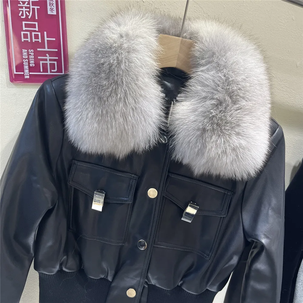 2023 neue Big Fox Pelz kragen Pu Ledermantel für Frauen Mode kurze Jacke Mantel koreanische Motorrad Lederjacken y4517