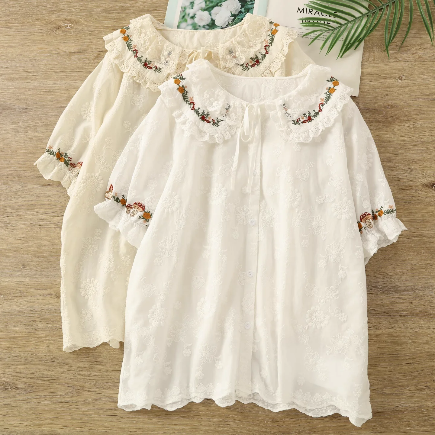 

Sweet lolita clothing forest girl Japan style cotton kawaii peter pan collar lace embroider shirts and blouses women cute tops