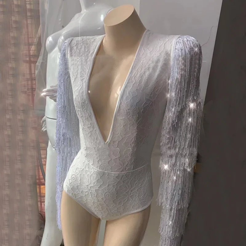 Bar Nightclub Party Dj Ds Gogo Dancer Costume Sexy Deep V Fringed Sleeves Bodysuit Women Stage Festival Outfit Rave Wear XS6518