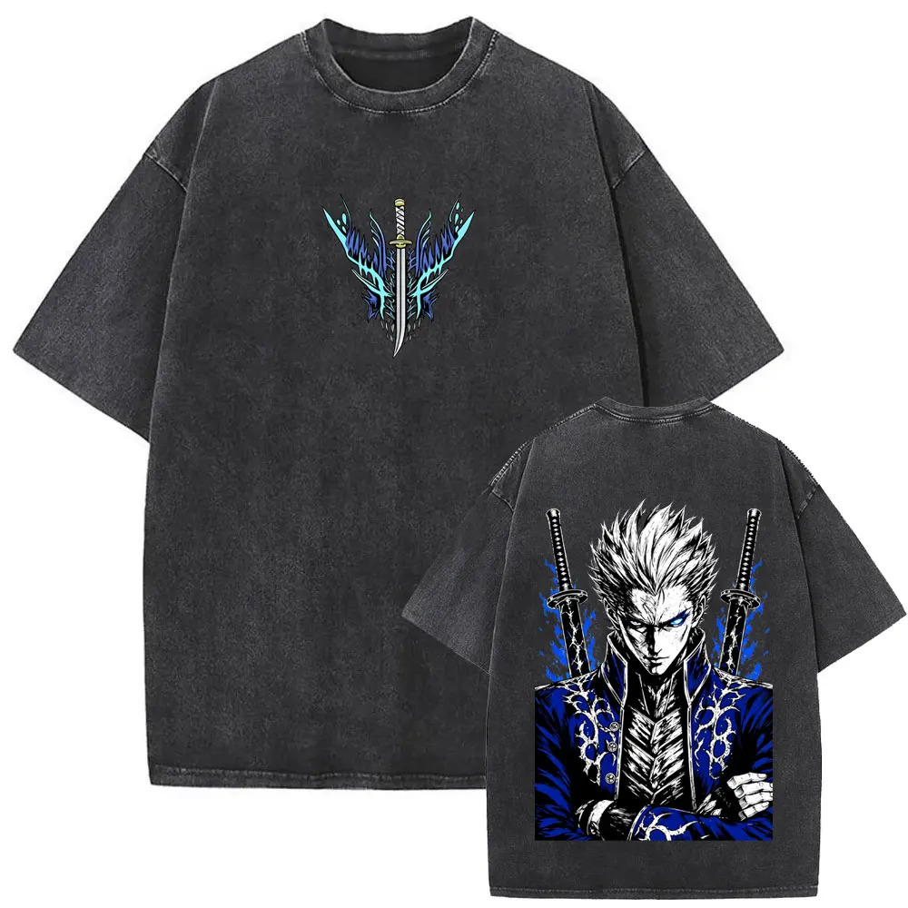 Washed Vintage Game Devil May Cry Vergil Double Sided Print T Shirt Men Women Fashion Retro Oversized T-shirts Male Streetwear